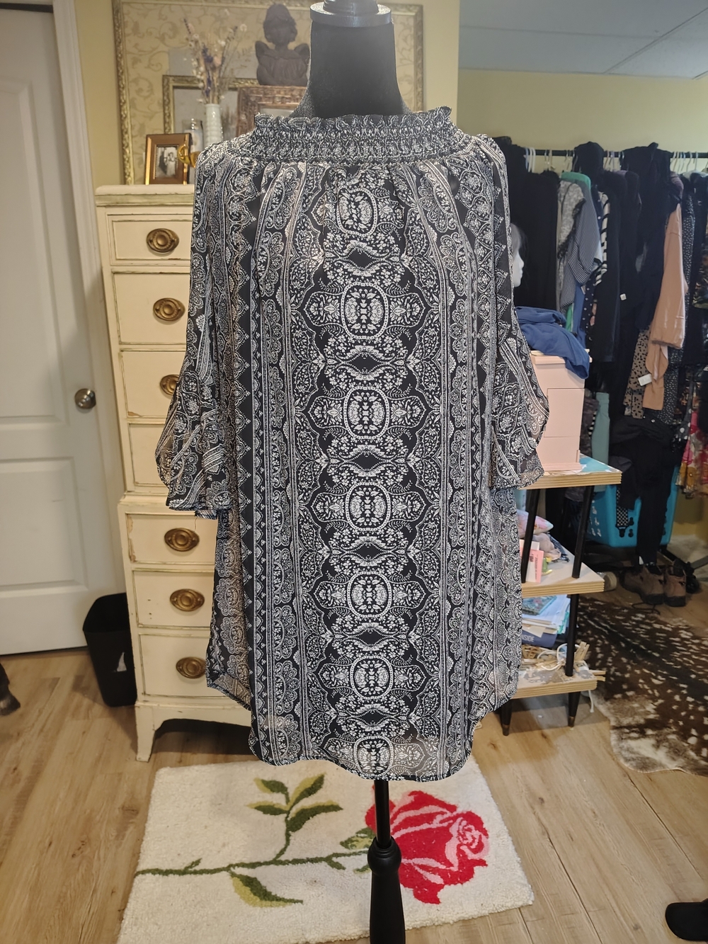 City Triangles Black and White Printed Smocked-Neck Tunic